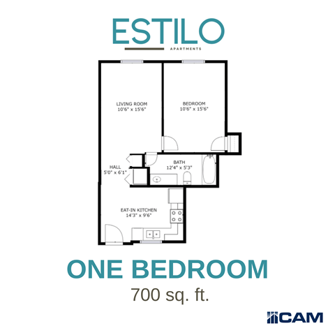 Floor plan for 1 bed, 1 bath, 700 sqft